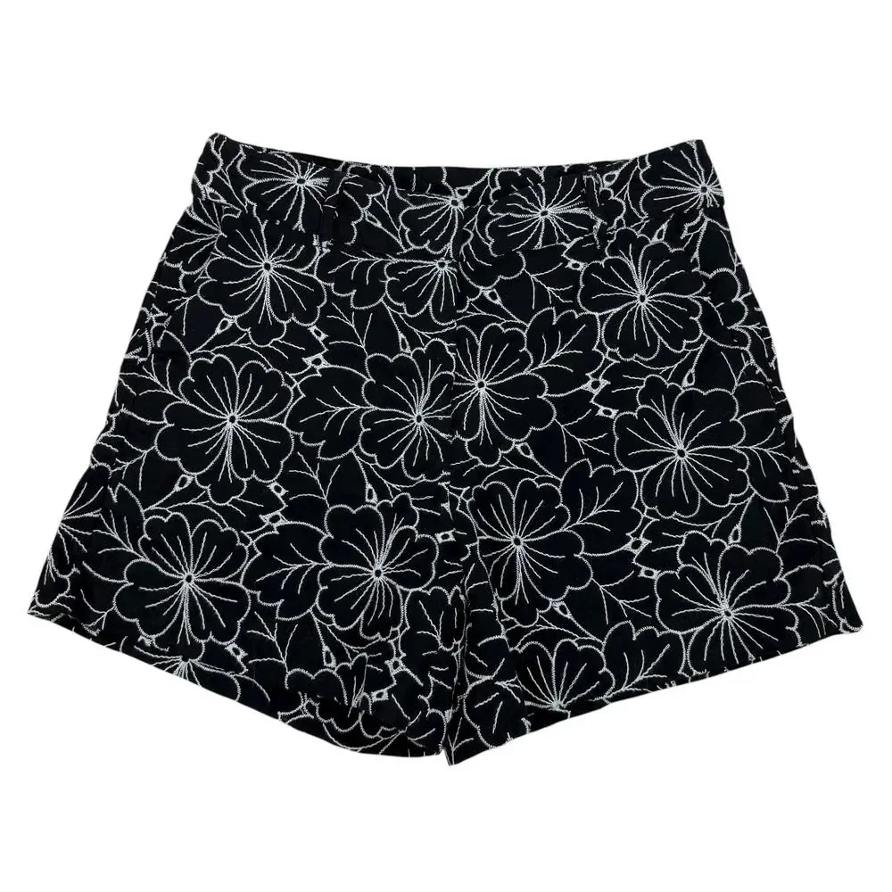 Tahari Black White Embroidered Floral High Rise Shorts Size 2
